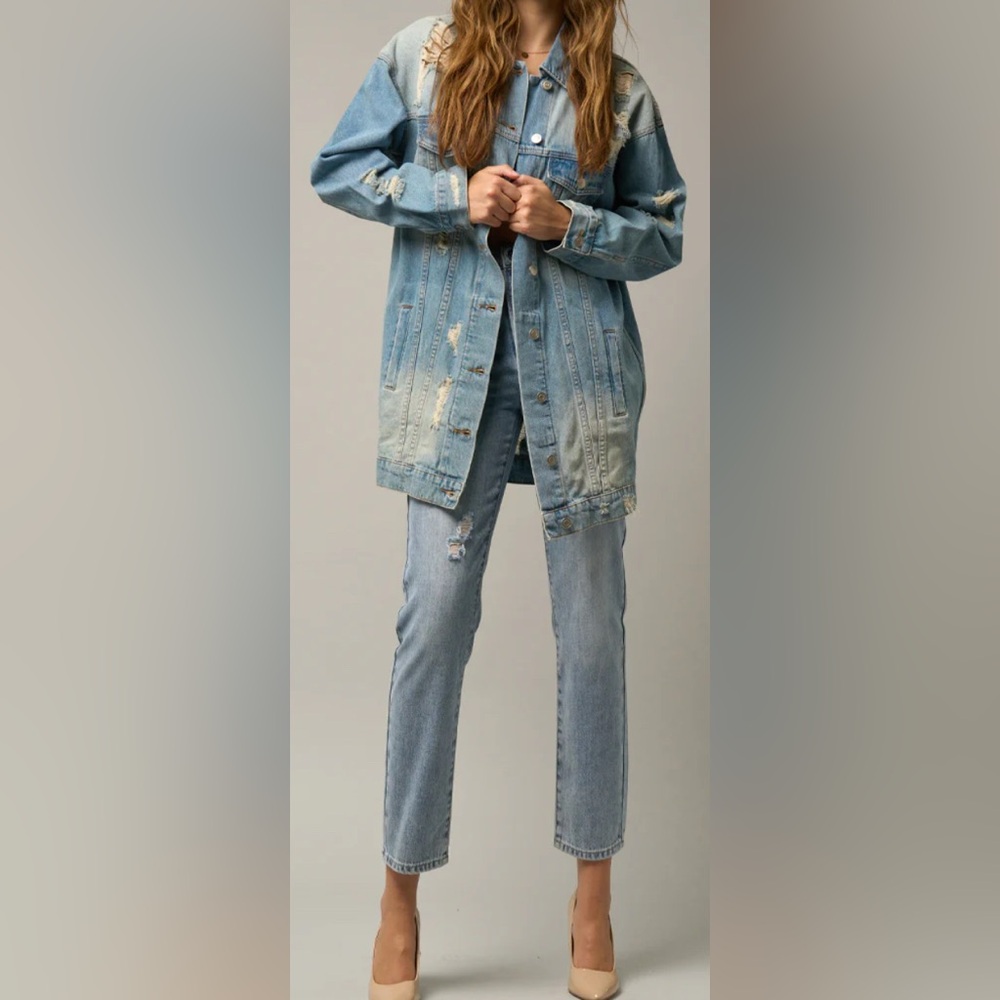 Insane Gene long denim jacket, Factory distressed and faded. Oversized size s